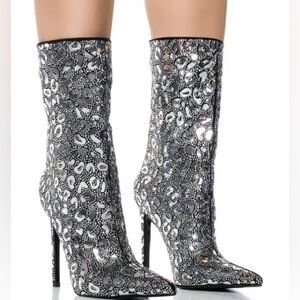 AZALEA WANG Metallic Silver Rhinestone Leopard Print High Heel Boot